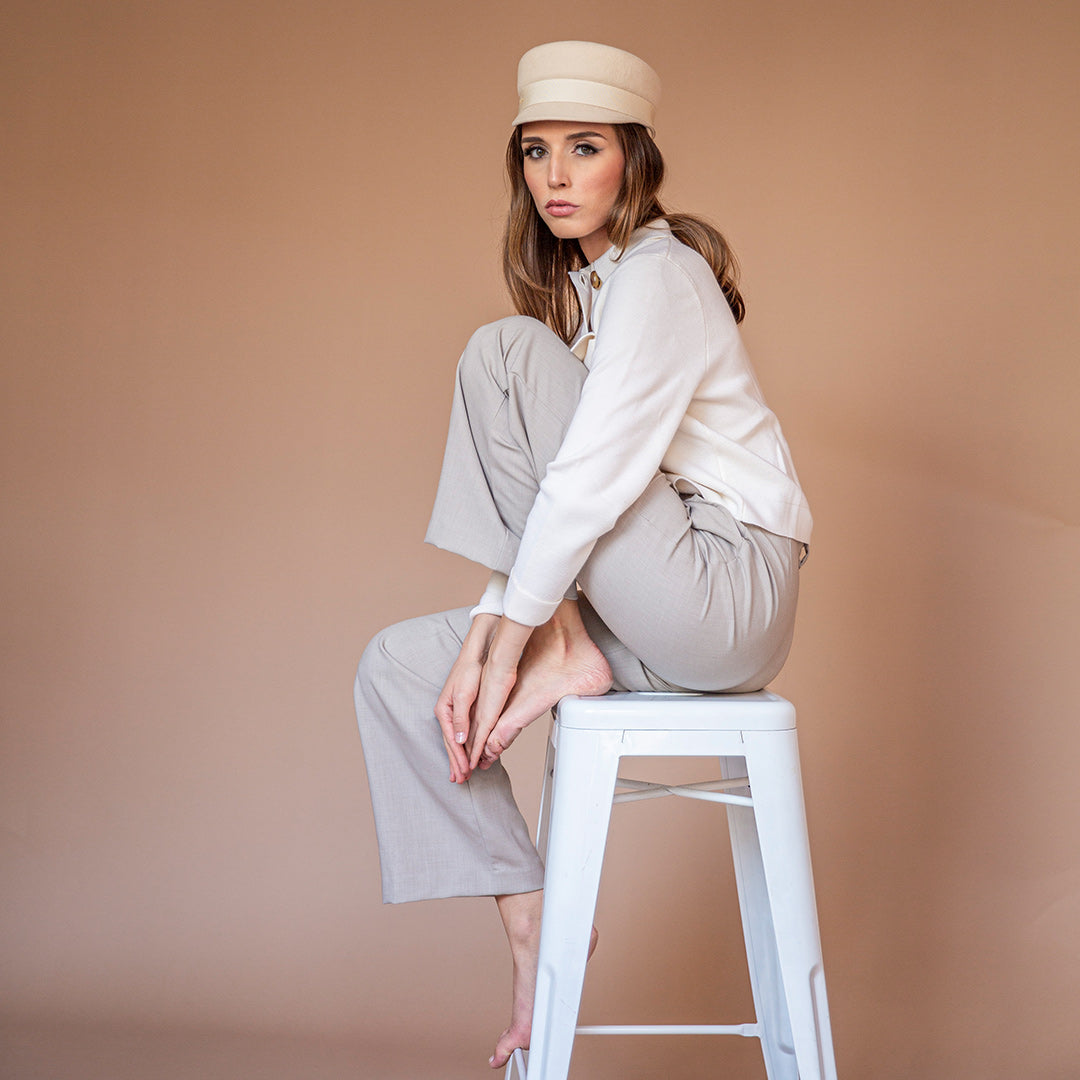 Casquette Martine Beige crème longue Noeud feutre mérinos